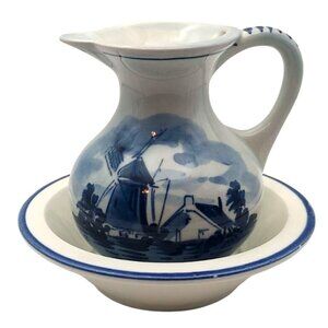 Vintage Delft Blue Handpainted Windmill Pastoral Ceramic Pitcher & Basin Holland